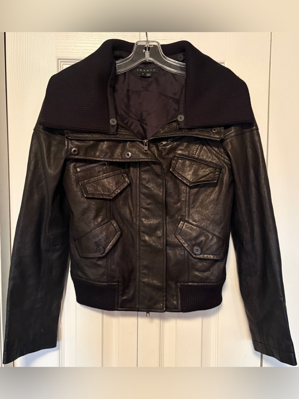 Theory Nyree L Black Lambskin Leather Wool Moto Bomber Jacket P/XP XSmall XS